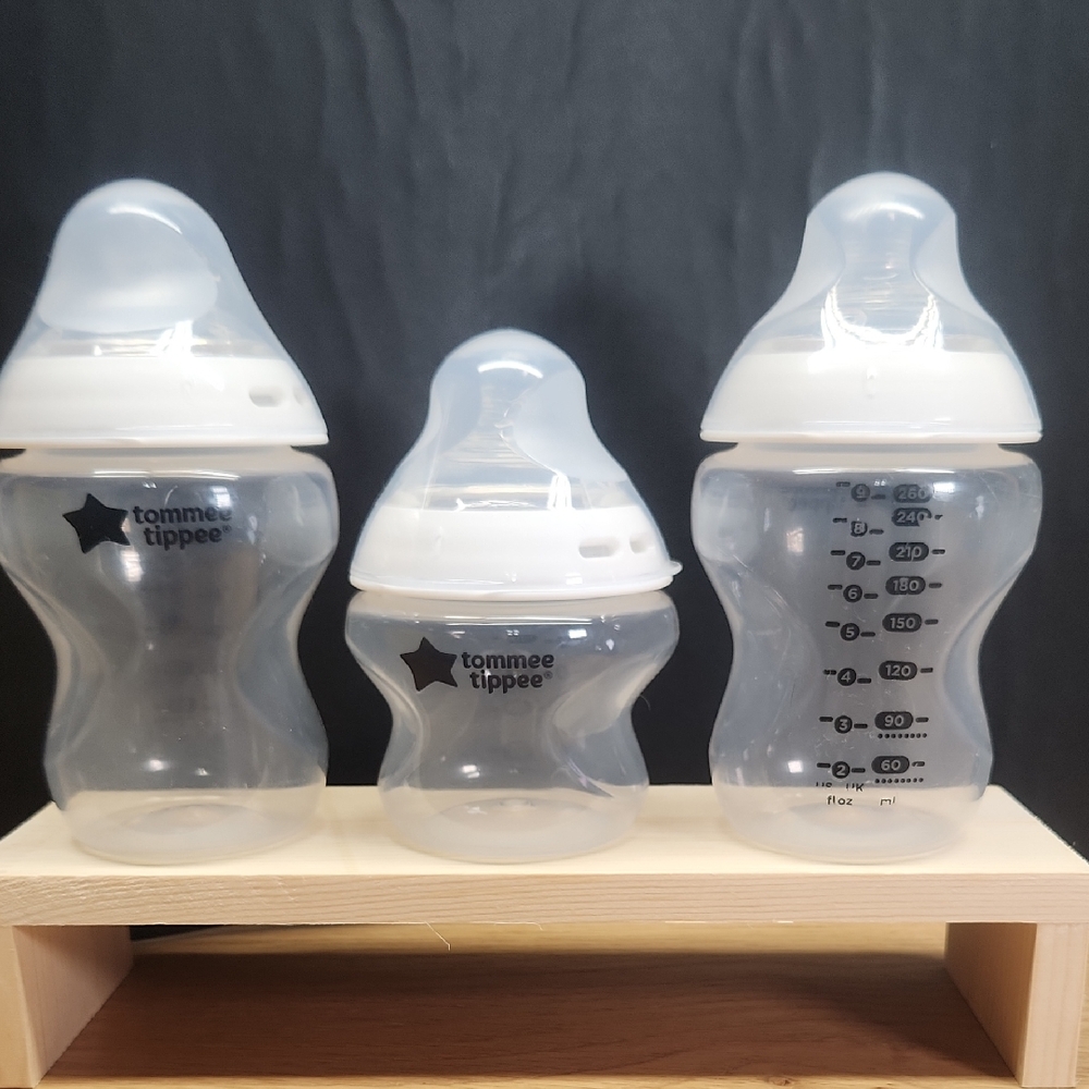 Tommee Tippee Clear Baby Bottles Set 2 9oz With Stage 2 Nipple, 1 5oz W/ Stage 1